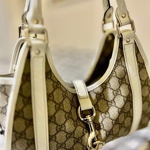 Beige Coated Canvas GUCCI JOY BARDOT Bag with gold-tone hardware, beige leather